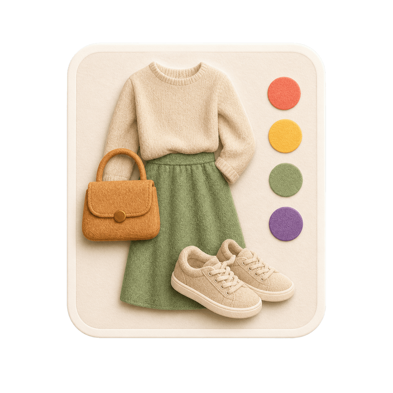 Tactile outfit style card with cream sweater, sage skirt, bag, and sneakers.