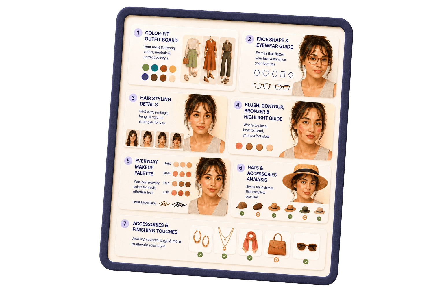 Paletta report preview cards for color palette, outfits, eyewear, hair, makeup, hats, and accessories.